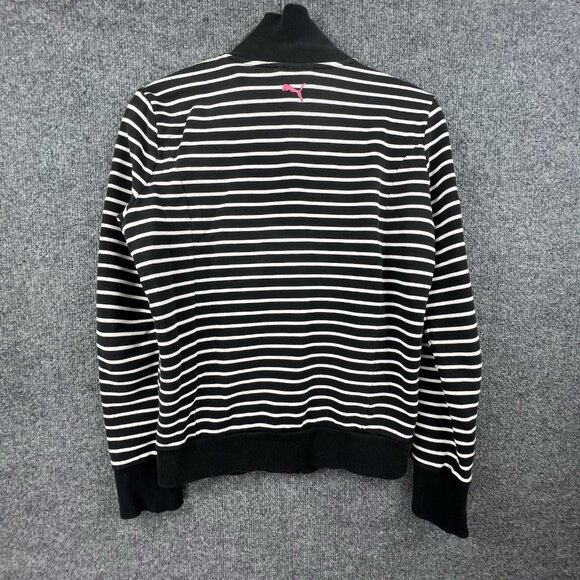 PUMA Black White Striped Zip Up Track Jacket Pink Logo Womens Size L - Picture 6 of 9